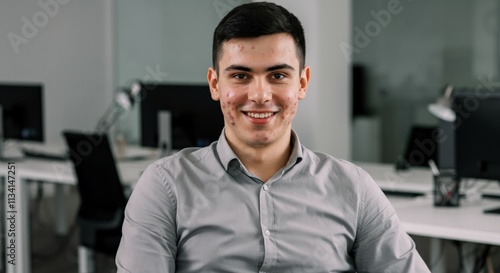 Confident young hispanic male in modern office setting for professional and business themes