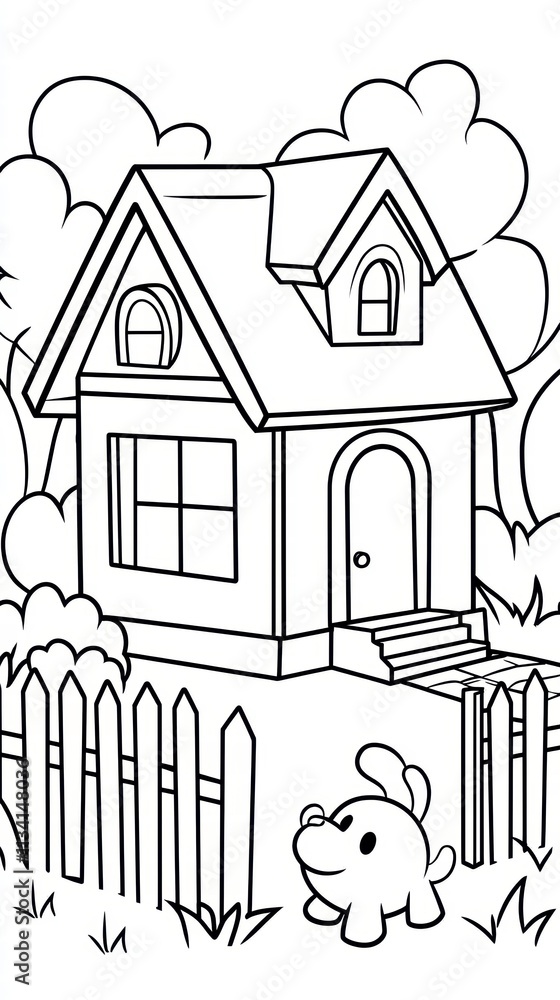 Cute House and Dog Coloring Page Cute House and Dog Coloring Page