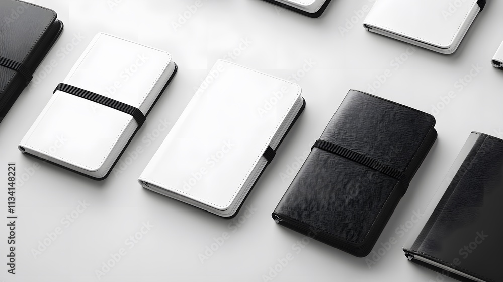 Flatlay of black and white notebooks with elastic bands on white background. Flatlay of black and white notebooks with elastic bands on white background.