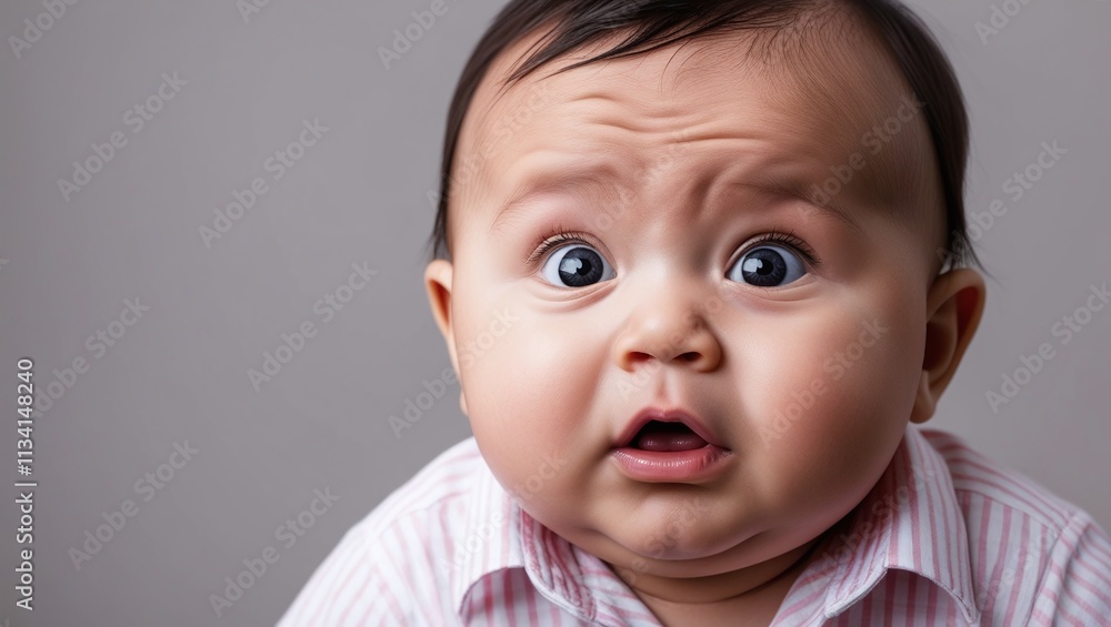 Close-up portrait of funny chubby baby with surprised expression. asian baby making funny face isolated on gray background Close-up portrait of funny chubby baby with surprised expression. asian baby making funny face isolated on gray background