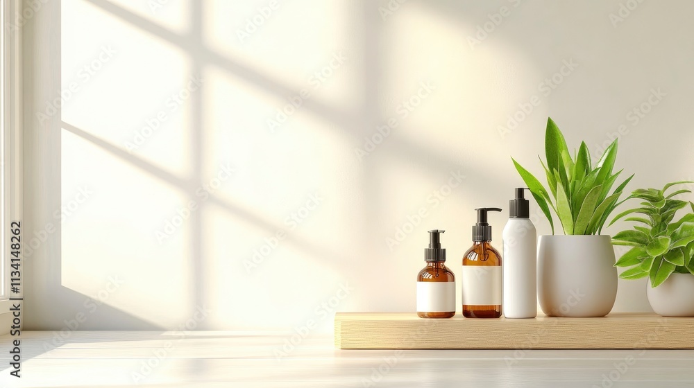 A serene display of skincare products and a plant on a minimalist shelf. A serene display of skincare products and a plant on a minimalist shelf.