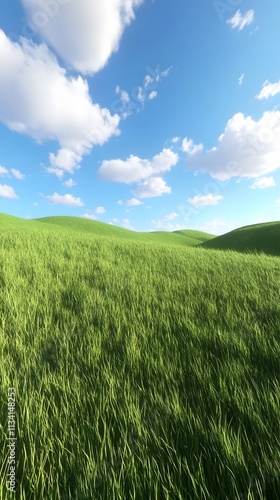 Lush green hills under a bright blue sky with fluffy clouds.