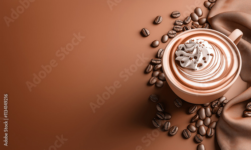Chocolate cappuccino on brown background Mocha Mayss with coffee beans, top view, conceptual banner copy space, web design element for coffee shop, cafe or bakery website.