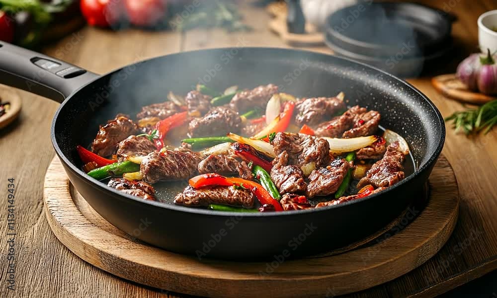 Sizzling Beef Stir-Fry in a Black Pan Sizzling Beef Stir-Fry in a Black Pan