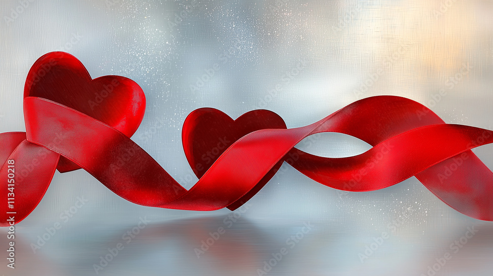 Intertwined Red Ribbon Hearts on Silver Background Intertwined Red Ribbon Hearts on Silver Background