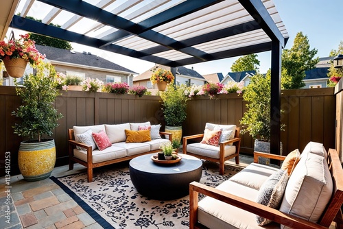 Trendy Outdoor Space with Cozy Patio Seating and Charming Design photo