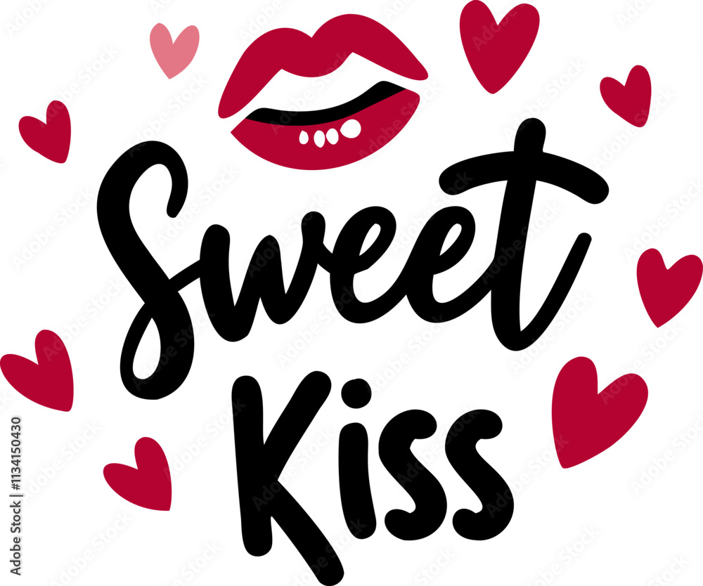 playful design featuring phrase Sweet Kiss surrounded by hearts playful design featuring phrase Sweet Kiss surrounded by hearts