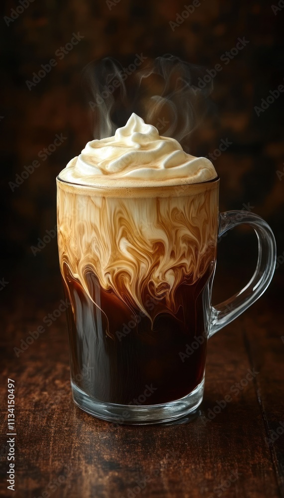 A steaming cup of coffee topped with whipped cream, creating a rich and inviting appearance. A steaming cup of coffee topped with whipped cream, creating a rich and inviting appearance.