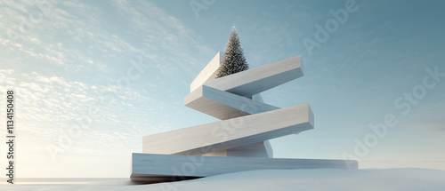 Abstract Christmas tree architecture futuristic concept with clean white beams and a pine tree, set against a pastel blue sky. Minimal concept with copy space. photo