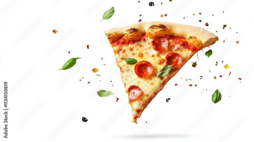 Template with delicious tasty slice of pizza flying on white background Template with delicious tasty slice of pizza flying on white background