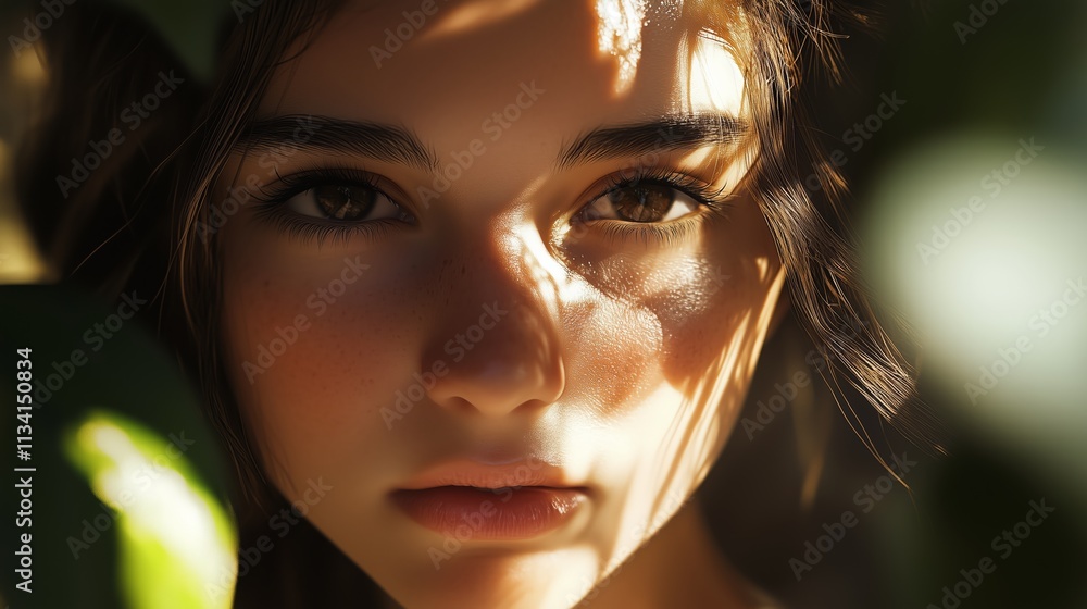 Close-up portrait of a beautiful young woman with freckles. AI. Close-up portrait of a beautiful young woman with freckles. AI.
