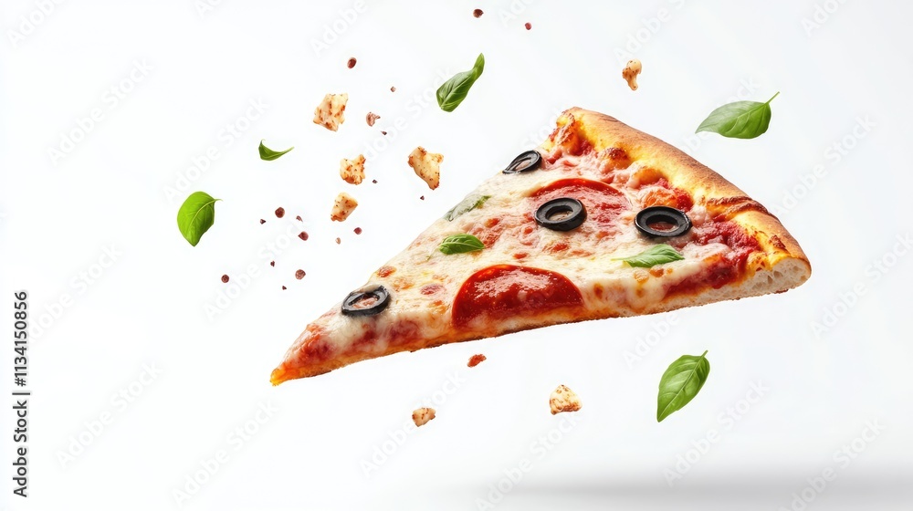 Template with delicious tasty slice of pizza flying on white background Template with delicious tasty slice of pizza flying on white background