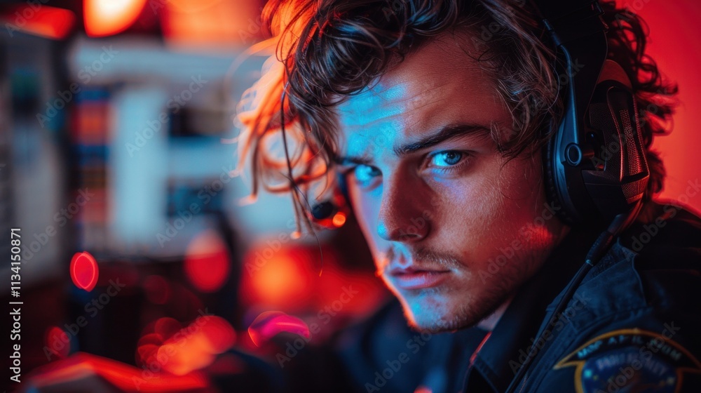 Close-up portrait of a focused young man wearing headset. Close-up portrait of a focused young man wearing headset.