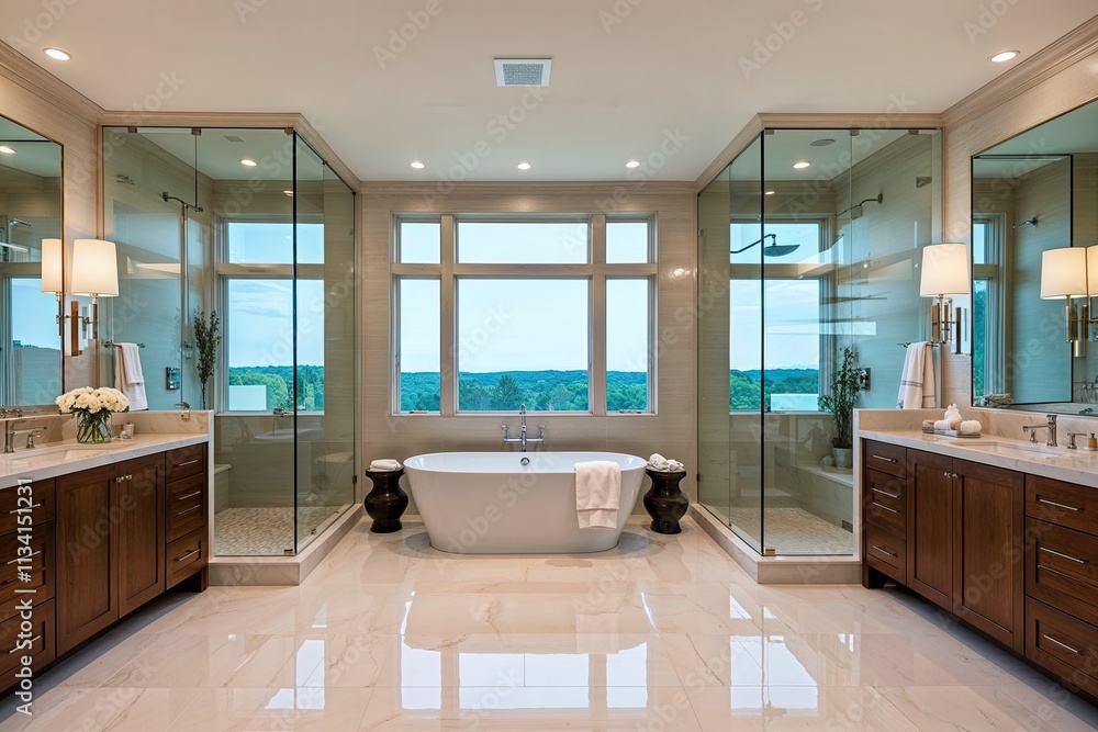 Fototapeta premium Luxurious Bathroom with Oversized Glass Panels in Serene Neutral Tones and Expansive Decor