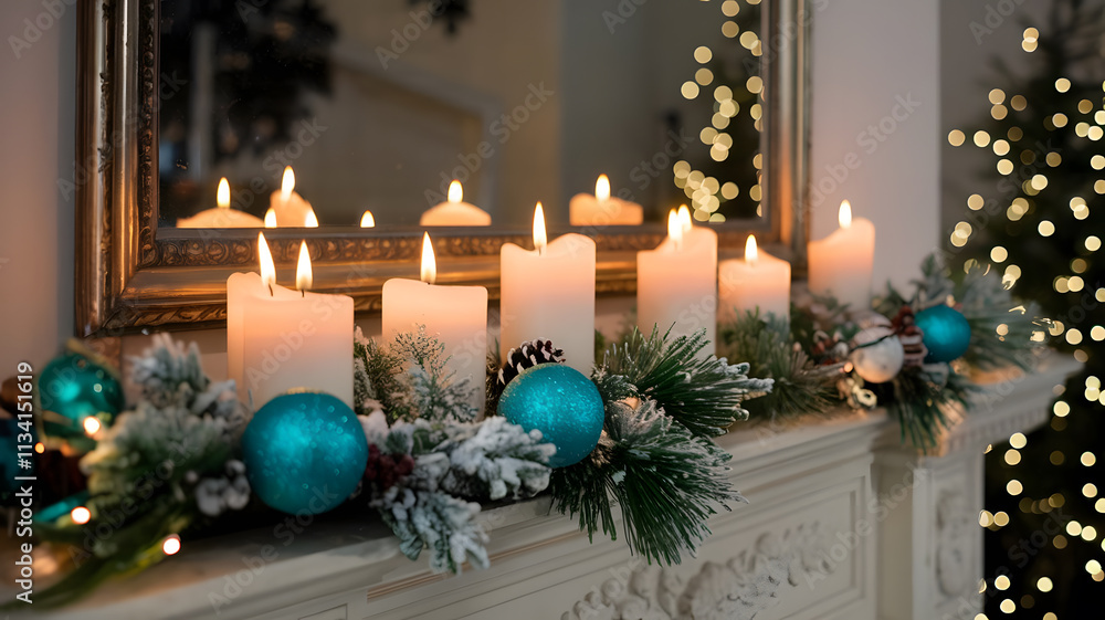 Christmas decoration with burning candles, turquoise baubles and pine branches on mantelpiece. Christmas decoration with burning candles, turquoise baubles and pine branches on mantelpiece.