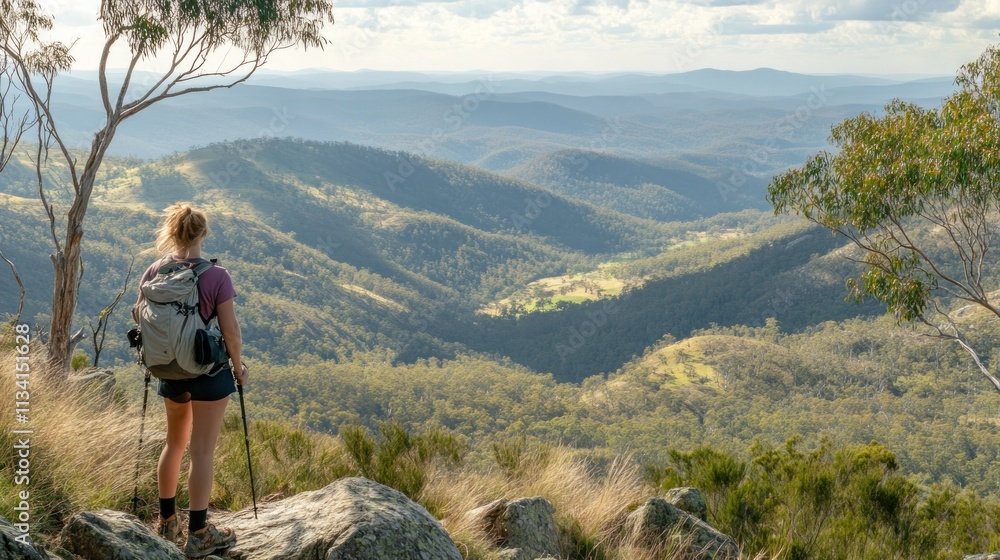 Naklejka premium Woman hiking with backpack, panoramic mountain vista.