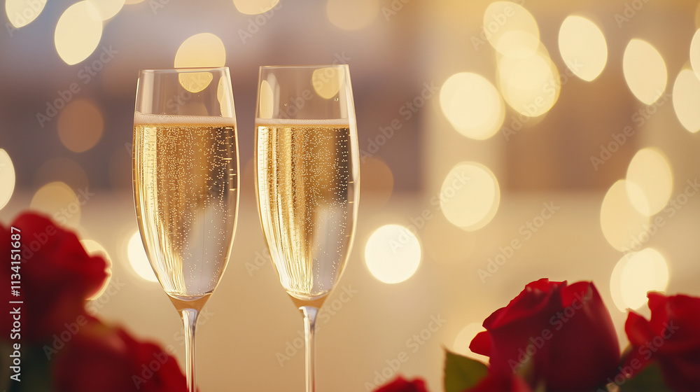 Champagne Toast Surrounded by Roses and Bokeh Lights Champagne Toast Surrounded by Roses and Bokeh Lights
