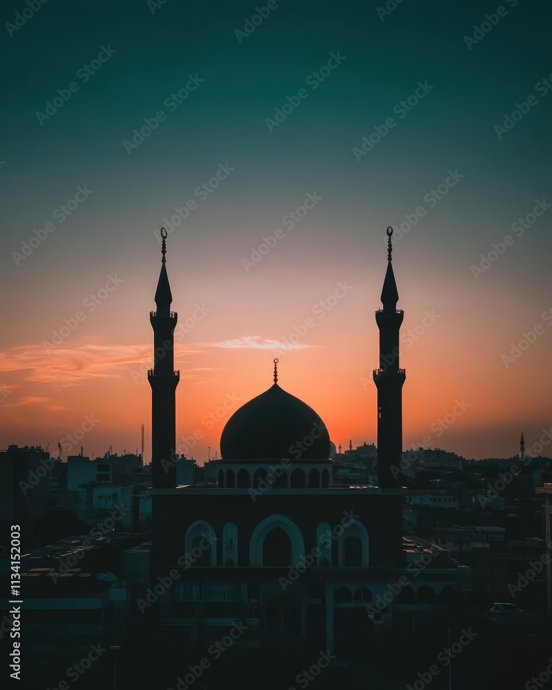 Fototapeta premium Majestic Mosque Silhouette at Sunset: A Breathtaking View of Islamic Architecture against the Orange Sky