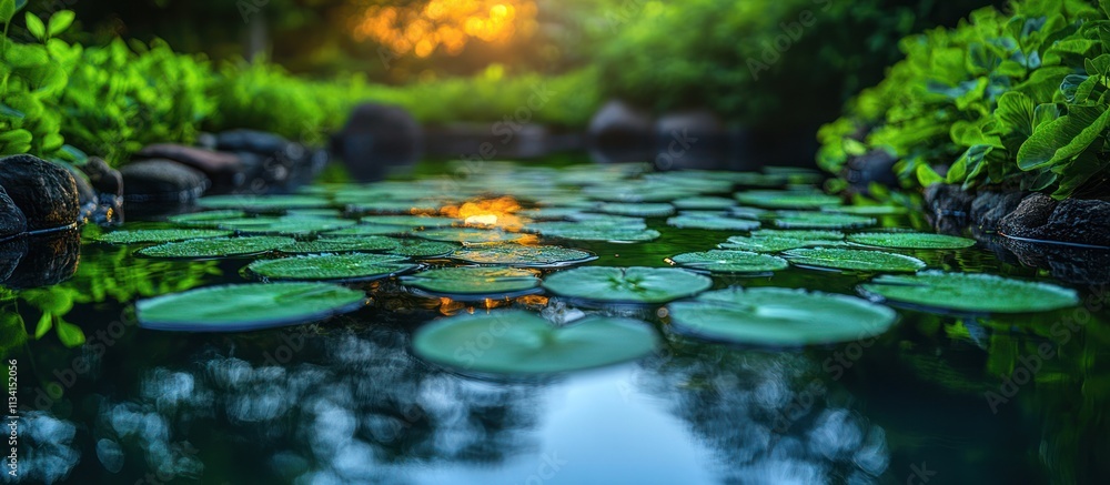 Serene sunset over calm water with lily pads and lush greenery. Serene sunset over calm water with lily pads and lush greenery.