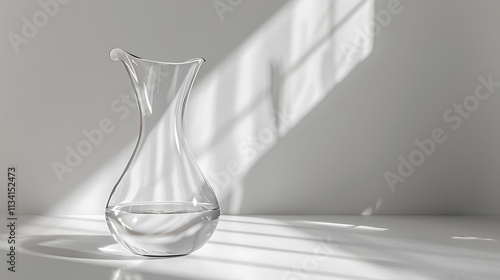 A stylish glass water carafe with a minimalist design, isolated on a bright white surface.