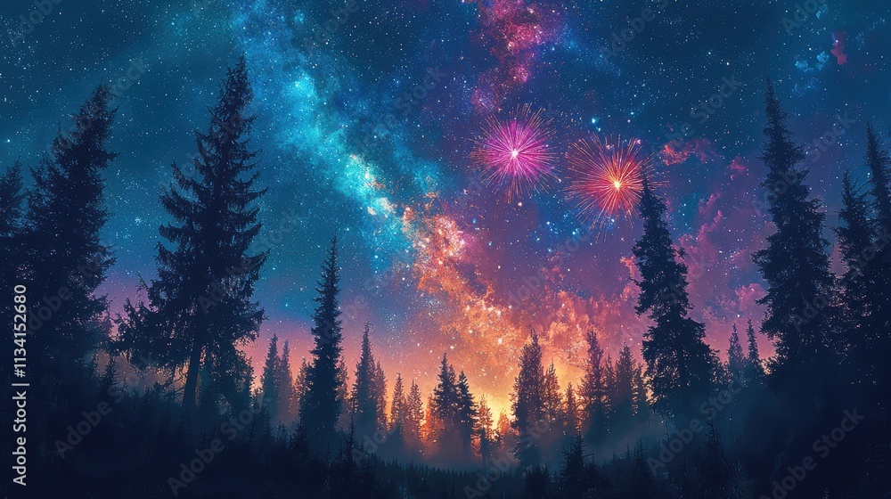 Fototapeta premium A grand fireworks show above a forest clearing with trees silhouetted against the night sky The peaceful scene captures the beauty of celebration in a natural setting 