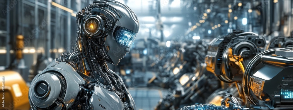 Futuristic Robot in an Advanced Manufacturing Facility Surrounded by High-Tech Machinery and Sophisticated Systems in a Futuristic Industrial Setting Futuristic Robot in an Advanced Manufacturing Facility Surrounded by High-Tech Machinery and Sophisticated Systems in a Futuristic Industrial Setting
