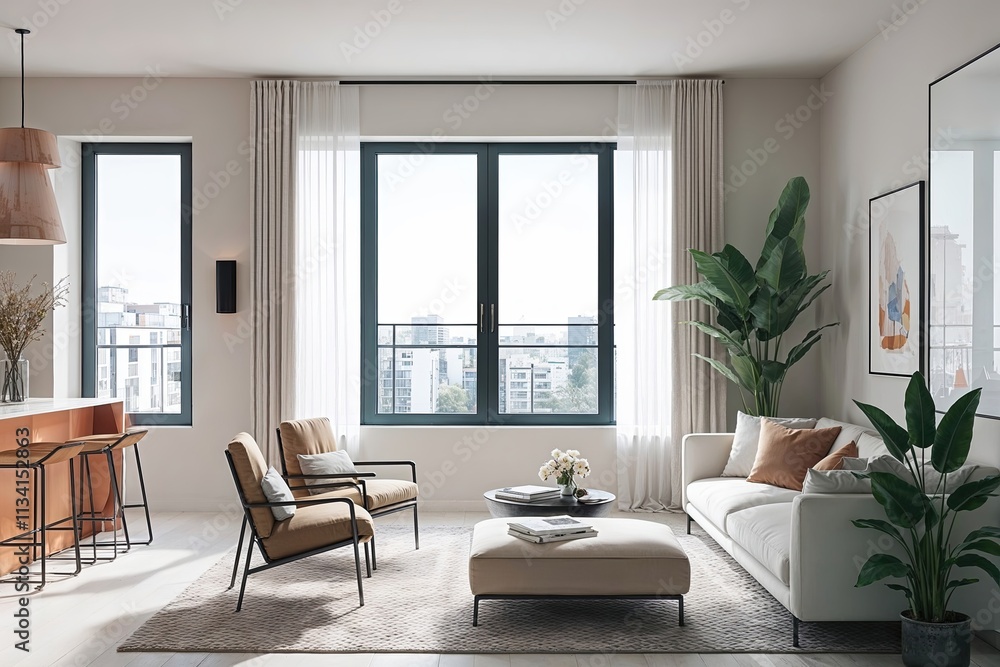 Fototapeta premium Contemporary Apartment Interior Design with Large Windows and Minimalist Aesthetic