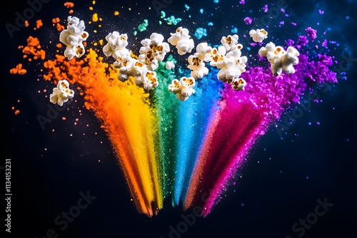 Colorful explosion of popcorn and vibrant powders creating a dynamic visual effect. photo