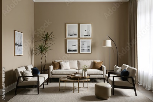 Stylish Lounge Decor in a Minimalist Beige Space with Scandinavian Ambiance