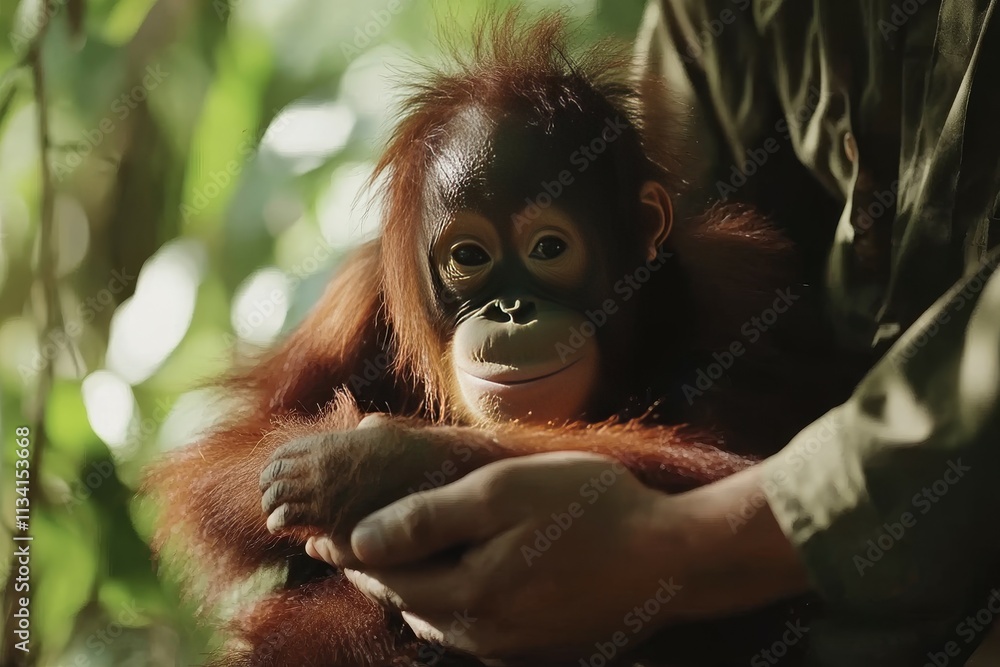 Obraz premium Caring for an Orphaned Orangutan in Nature