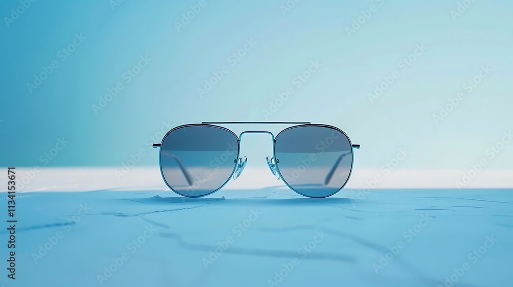 A stylish pair of sunglasses placed on a pastel blue background. A stylish pair of sunglasses placed on a pastel blue background.