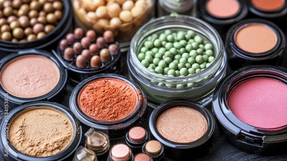 Close-up of various makeup products including blush, eyeshadow, and powder. Close-up of various makeup products including blush, eyeshadow, and powder.