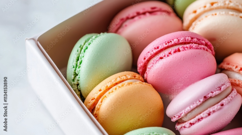 Fototapeta premium A box of heart-shaped macarons in pastel colors, isolated on a white background