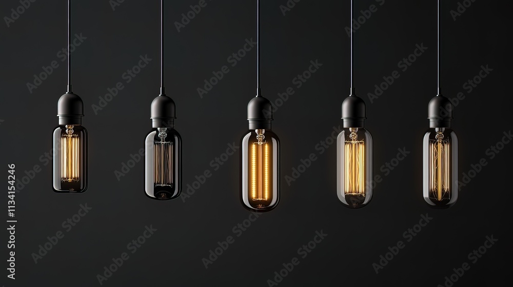 Five hanging Edison light bulbs in varying brightness levels against a dark background. Five hanging Edison light bulbs in varying brightness levels against a dark background.