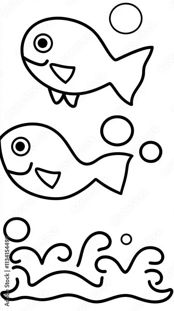 Cute Cartoon Fish and Waves Line Art. Cute Cartoon Fish and Waves Line Art.