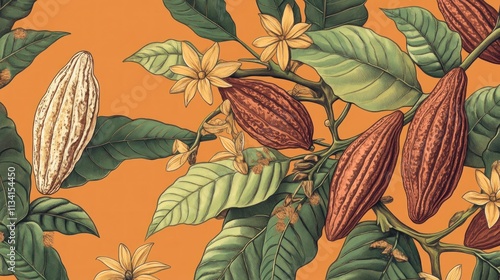 Detailed illustration of cacao pods and leaves, botanical art style, on an orange background.
