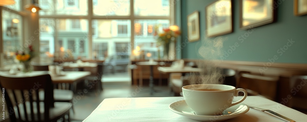 A steaming cup of coffee sits on a table in a cozy caf? setting. A steaming cup of coffee sits on a table in a cozy caf? setting.