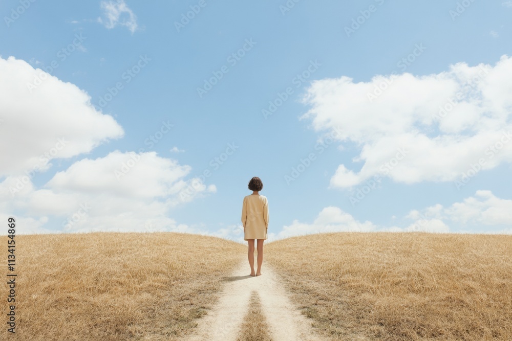 Solitary Figure in Vast Open Field under Clear Blue Sky Solitary Figure in Vast Open Field under Clear Blue Sky