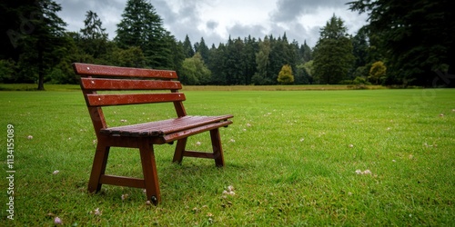 Serene wooden bench amidst lush green field nature park landscape photography overcast sky tranquil essence