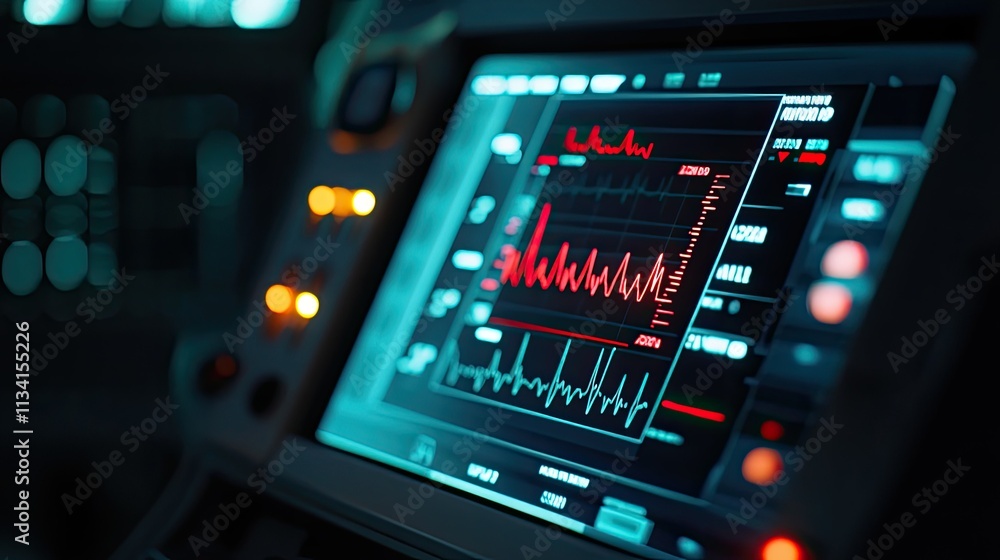 High-Tech Medical Monitor Displaying Vital Signs and Heart Rate Data in a Darkened Room for Healthcare and Emergency Response Applications High-Tech Medical Monitor Displaying Vital Signs and Heart Rate Data in a Darkened Room for Healthcare and Emergency Response Applications