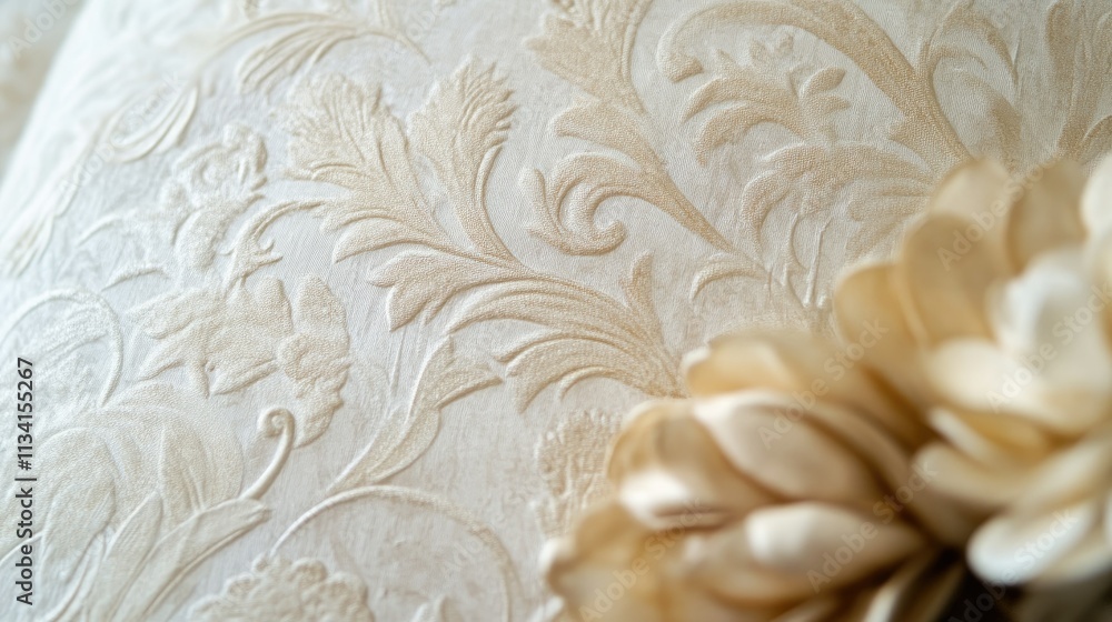 Elegant Close-Up of Textured Beige Fabric with Floral Patterns and Satin Flower Accent for Luxury Home Decor or Fashion Design Inspiration Elegant Close-Up of Textured Beige Fabric with Floral Patterns and Satin Flower Accent for Luxury Home Decor or Fashion Design Inspiration