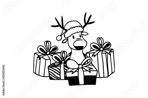 christmas reindeer with gift box silhouette vector