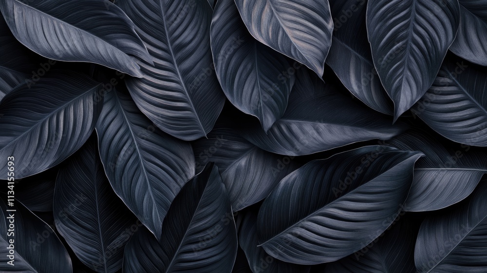 Obraz premium Textures of abstract black leaves for tropical leaf background. Flat lay, dark nature concept, tropical leaf, digital ai