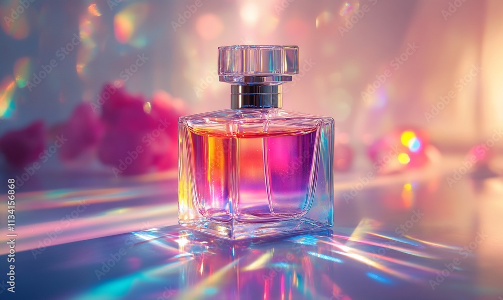 A colorful perfume bottle with light reflections and soft floral background. A colorful perfume bottle with light reflections and soft floral background.