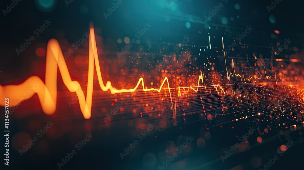 Vibrant Abstract Visualization of Sound Waves and Heartbeat Pulse with Glowing Particles and Light Effects for Creative and Scientific Applications Vibrant Abstract Visualization of Sound Waves and Heartbeat Pulse with Glowing Particles and Light Effects for Creative and Scientific Applications