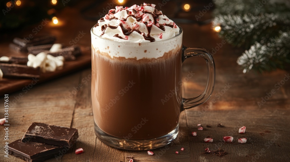 A festive mug of hot chocolate topped with whipped cream and crushed peppermint. A festive mug of hot chocolate topped with whipped cream and crushed peppermint.