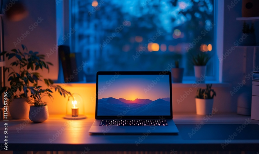 A cozy workspace with a laptop and warm lighting, set against a twilight view. A cozy workspace with a laptop and warm lighting, set against a twilight view.