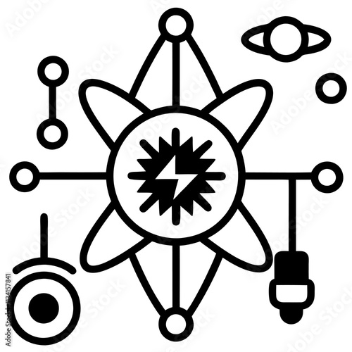 Physics (Particle accelerators, quantum computers, superconducting magnets) line art,silhouette vector icon illustration on white background.