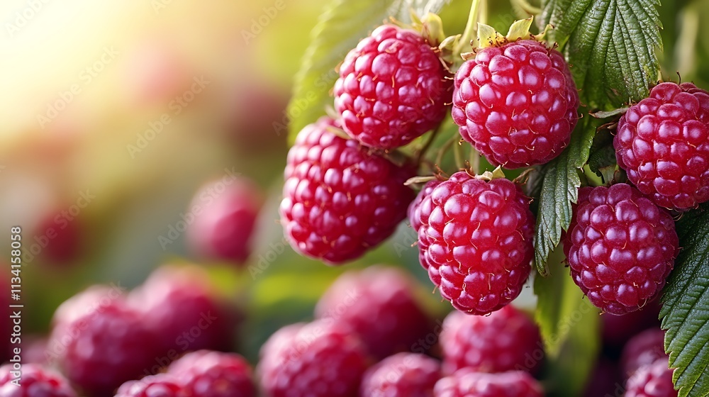 Ripe Raspberries Growing On A Bush In Sunlight Ripe Raspberries Growing On A Bush In Sunlight
