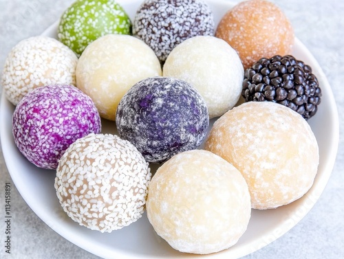 A plate of colorful, coated dessert balls, showcasing various flavors. photo